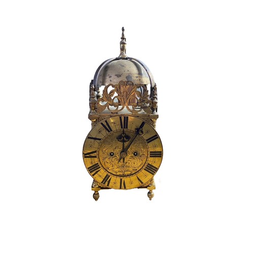 133 - 17th Century brass quarter strike twin fusee lantern clock, the dial signed Thomas Dyde, London. Bel... 