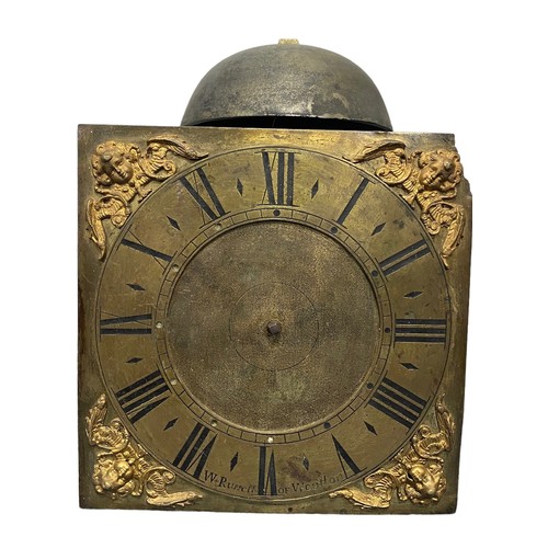 136 - Long case brass face clock movement signed W . Russell of Wootton, A/F.