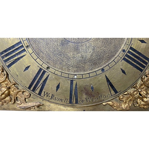 136 - Long case brass face clock movement signed W . Russell of Wootton, A/F.