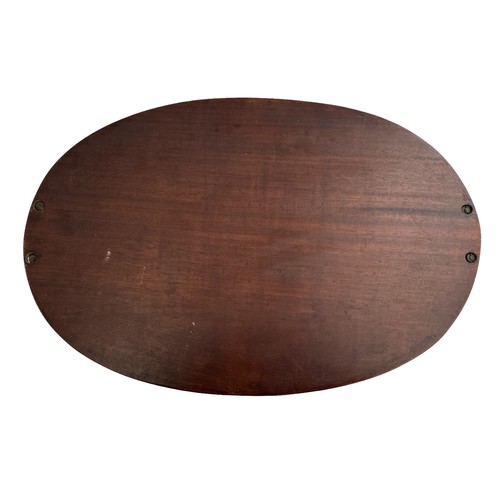 164 - An Edwardian inlaid mahogany oval serving tray with brass handles, 59cm x 38cm.