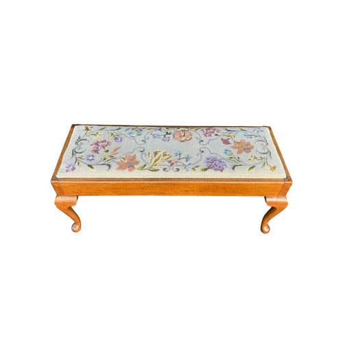 292 - Cabriole leg wooden bench with embroidered seat, width 102cm, depth 40cm and height 41cm.