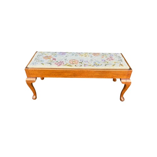 292 - Cabriole leg wooden bench with embroidered seat, width 102cm, depth 40cm and height 41cm.