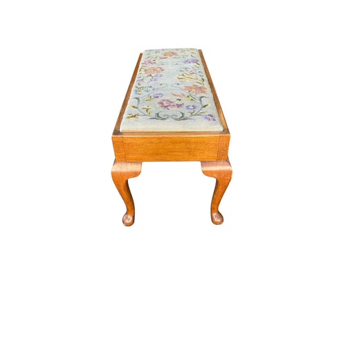 292 - Cabriole leg wooden bench with embroidered seat, width 102cm, depth 40cm and height 41cm.