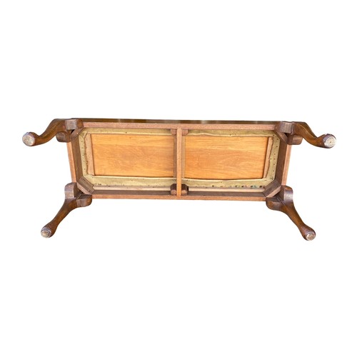 292 - Cabriole leg wooden bench with embroidered seat, width 102cm, depth 40cm and height 41cm.