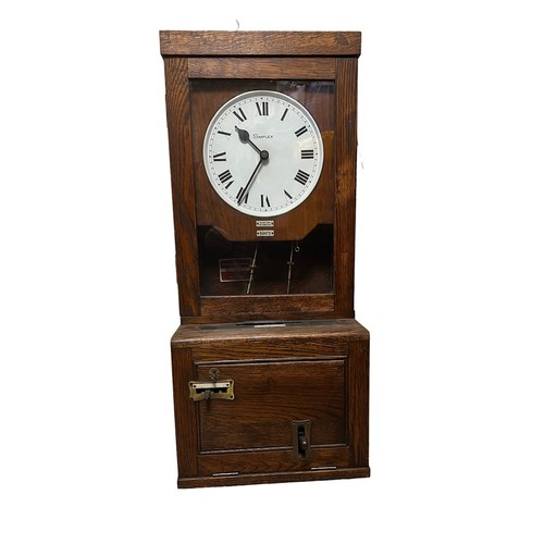 288 - Simplex oak cased Clocking-In clock, height 99cm, width 40cm, depth 30cm, together 30+ clocking in t... 