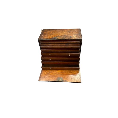 502 - 7 drawer wooden box with brass carrying handles and cover to front (hinges to cover are broken), wid... 