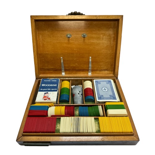 503 - Bespoke French wooden games box with four card suits represented in brass to lid with brass handle, ... 