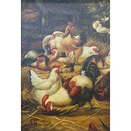 506 - A small oil on canvas painting of various chickens in a farm, in the style of Edgar Hunt and signed ... 