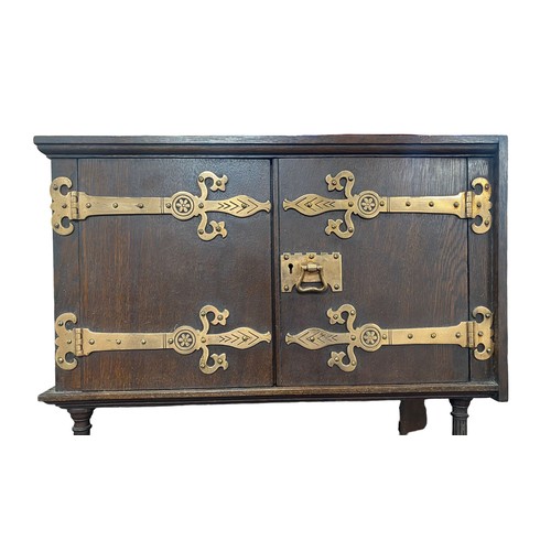 510 - Interesting arts and crafts oak overmantel twin cabinet with well crafted arts & crafts brass hinges... 