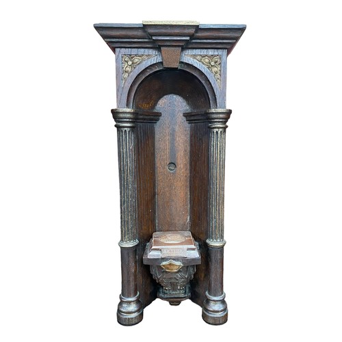 510 - Interesting arts and crafts oak overmantel twin cabinet with well crafted arts & crafts brass hinges... 