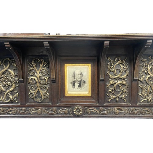 510 - Interesting arts and crafts oak overmantel twin cabinet with well crafted arts & crafts brass hinges... 