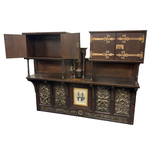 510 - Interesting arts and crafts oak overmantel twin cabinet with well crafted arts & crafts brass hinges... 