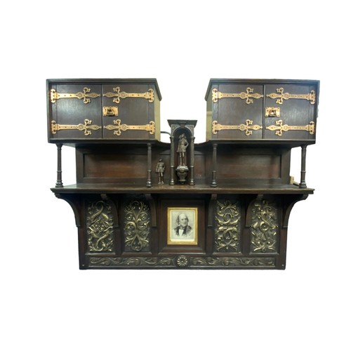 510 - Interesting arts and crafts oak overmantel twin cabinet with well crafted arts & crafts brass hinges... 