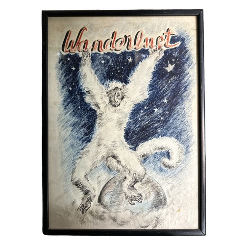 511 - A framed oil pastel on paper drawing of a happy monkey with white fur, velvet monkey, leaping from a... 