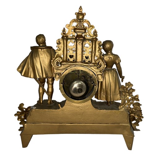 125 - Gilt spelter mantle clock featuring 16th Century period figures (possibly Shakespeare), height 36cm,... 