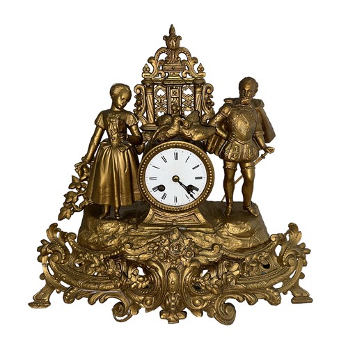 125 - Gilt spelter mantle clock featuring 16th Century period figures (possibly Shakespeare), height 36cm,... 