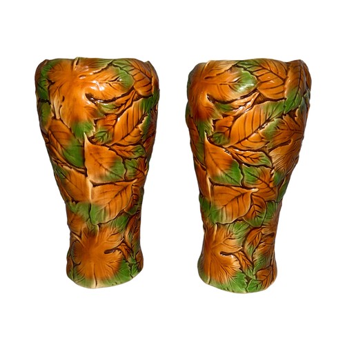 460 - Sylvac, pair of autumnal orange and green leaf vases (5502). Stamped Sylvac Made in England, Sylvac ... 