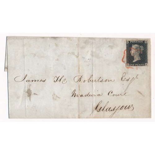 607 - Great Britain. 1840 1d black 24/10/1840 entire Greenock to Glasgow, three margin with red MC (Maltes... 