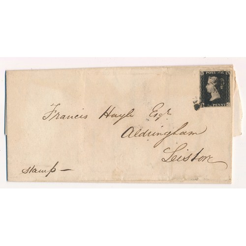 608 - Great Britain. 1840 1d black on entire dated 26/3/1841 Woodbridge to Leiston, four margin smudged bl... 