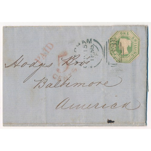 610 - Great Britain. 1856 1/- embossed on entire Nottingham to USA, cut to shape, interesting content. Cat... 