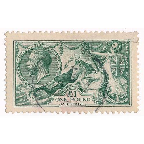 613 - Great Britain. 1913 Waterlow Seahorse set of four, used, £1 FU but small tear/repair to NE corner. C... 