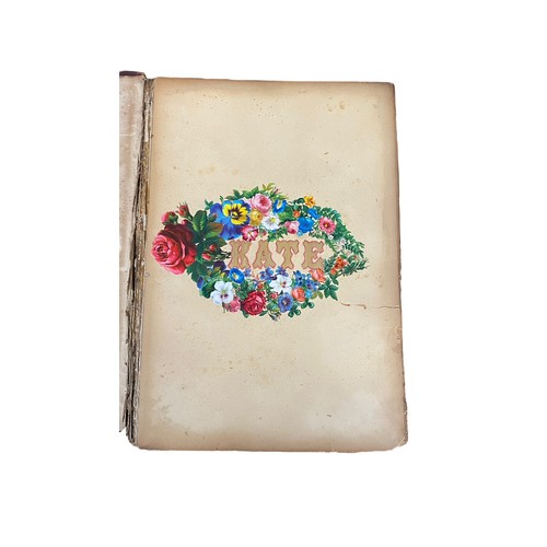 728 - Victorian scrap book with 70+ pages of colour cut-outs, greetings cards etc, significant foxing, fro... 