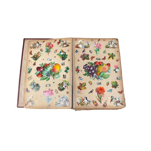 728 - Victorian scrap book with 70+ pages of colour cut-outs, greetings cards etc, significant foxing, fro... 