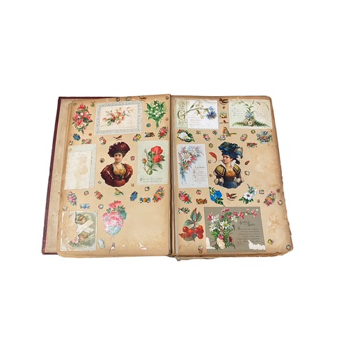 728 - Victorian scrap book with 70+ pages of colour cut-outs, greetings cards etc, significant foxing, fro... 