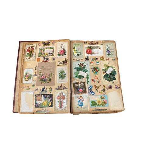 728 - Victorian scrap book with 70+ pages of colour cut-outs, greetings cards etc, significant foxing, fro... 