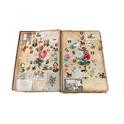 728 - Victorian scrap book with 70+ pages of colour cut-outs, greetings cards etc, significant foxing, fro... 