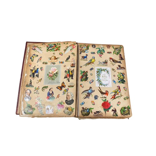 728 - Victorian scrap book with 70+ pages of colour cut-outs, greetings cards etc, significant foxing, fro... 