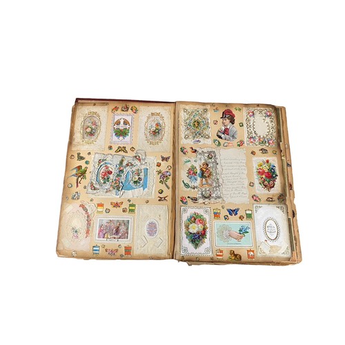 728 - Victorian scrap book with 70+ pages of colour cut-outs, greetings cards etc, significant foxing, fro... 