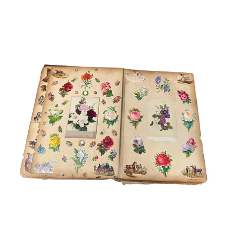 728 - Victorian scrap book with 70+ pages of colour cut-outs, greetings cards etc, significant foxing, fro... 