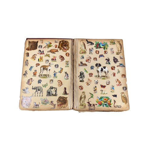 728 - Victorian scrap book with 70+ pages of colour cut-outs, greetings cards etc, significant foxing, fro... 