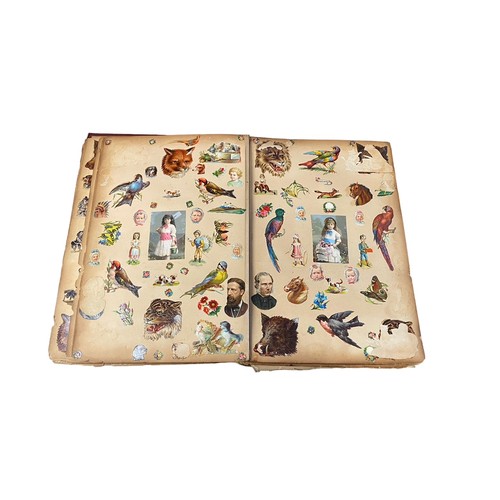 728 - Victorian scrap book with 70+ pages of colour cut-outs, greetings cards etc, significant foxing, fro... 