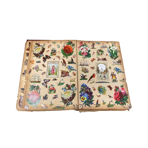 728 - Victorian scrap book with 70+ pages of colour cut-outs, greetings cards etc, significant foxing, fro... 