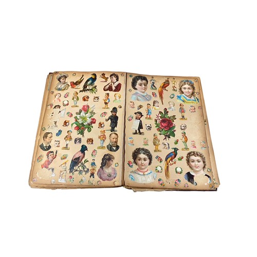 728 - Victorian scrap book with 70+ pages of colour cut-outs, greetings cards etc, significant foxing, fro... 