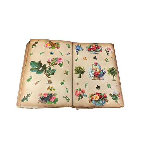 728 - Victorian scrap book with 70+ pages of colour cut-outs, greetings cards etc, significant foxing, fro... 