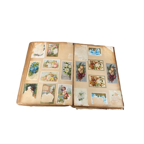 728 - Victorian scrap book with 70+ pages of colour cut-outs, greetings cards etc, significant foxing, fro... 