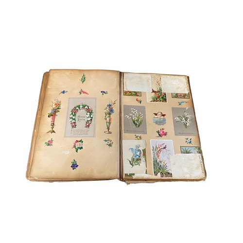 728 - Victorian scrap book with 70+ pages of colour cut-outs, greetings cards etc, significant foxing, fro... 