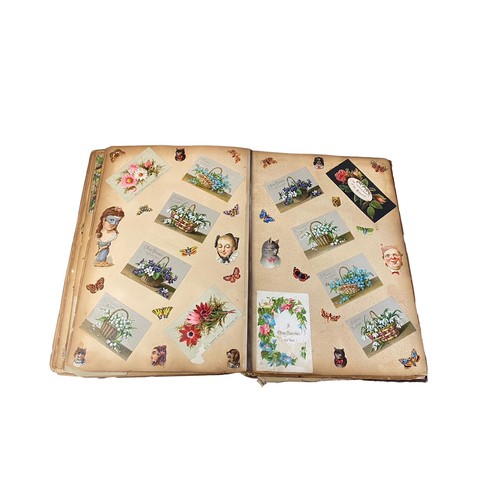 728 - Victorian scrap book with 70+ pages of colour cut-outs, greetings cards etc, significant foxing, fro... 