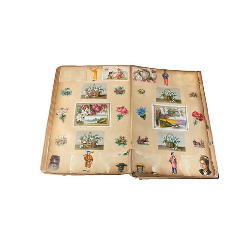 728 - Victorian scrap book with 70+ pages of colour cut-outs, greetings cards etc, significant foxing, fro... 