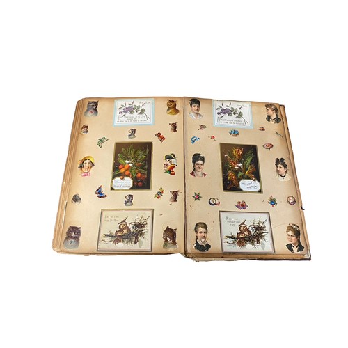 728 - Victorian scrap book with 70+ pages of colour cut-outs, greetings cards etc, significant foxing, fro... 