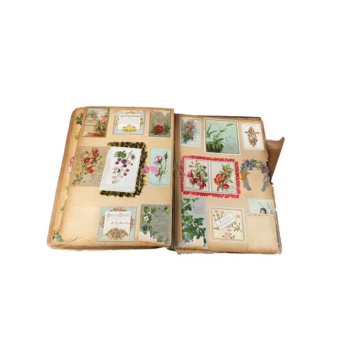 728 - Victorian scrap book with 70+ pages of colour cut-outs, greetings cards etc, significant foxing, fro... 