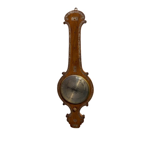 117 - Mother of pearl inlaid wheel barometer, length 104cm, width 34cm at widest point, some small areas o... 