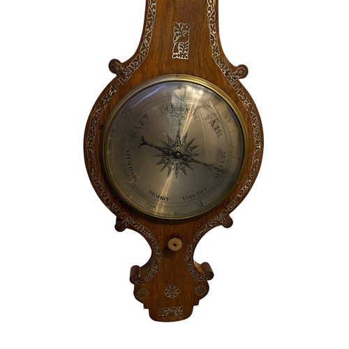 117 - Mother of pearl inlaid wheel barometer, length 104cm, width 34cm at widest point, some small areas o... 