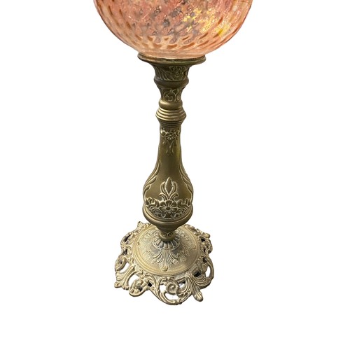 470 - A very good Victorian cast gilt brass Cranberry glass standing oil lamp, foliage design to base and ... 