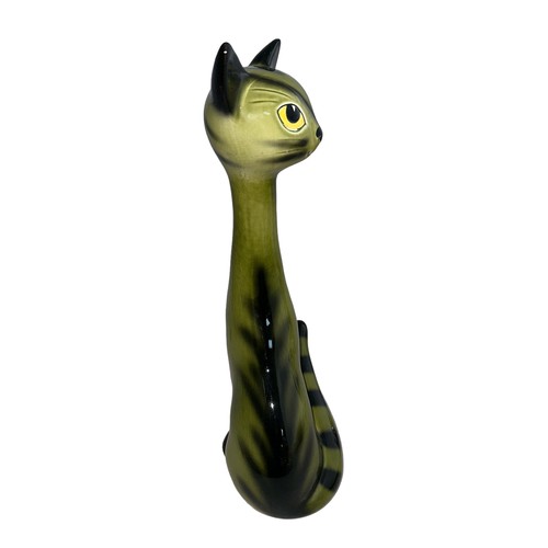 471 - A large green and black Sylvac cat with yellow eyes (3457). Height 34cm.