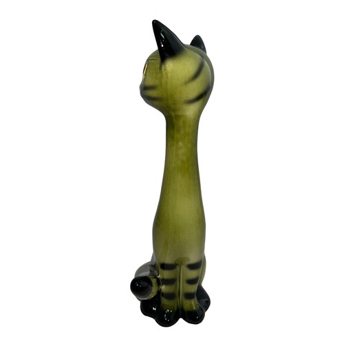 471 - A large green and black Sylvac cat with yellow eyes (3457). Height 34cm.