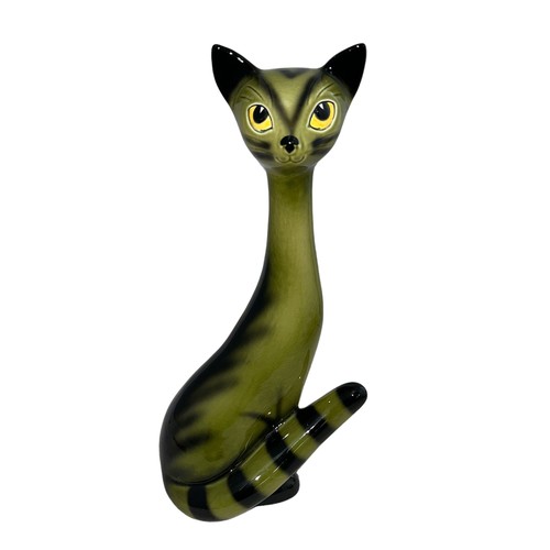 471 - A large green and black Sylvac cat with yellow eyes (3457). Height 34cm.